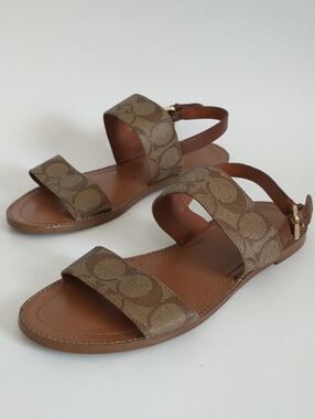Coach Brown Signature Leather Double-Strap Sandals. Size 8.5